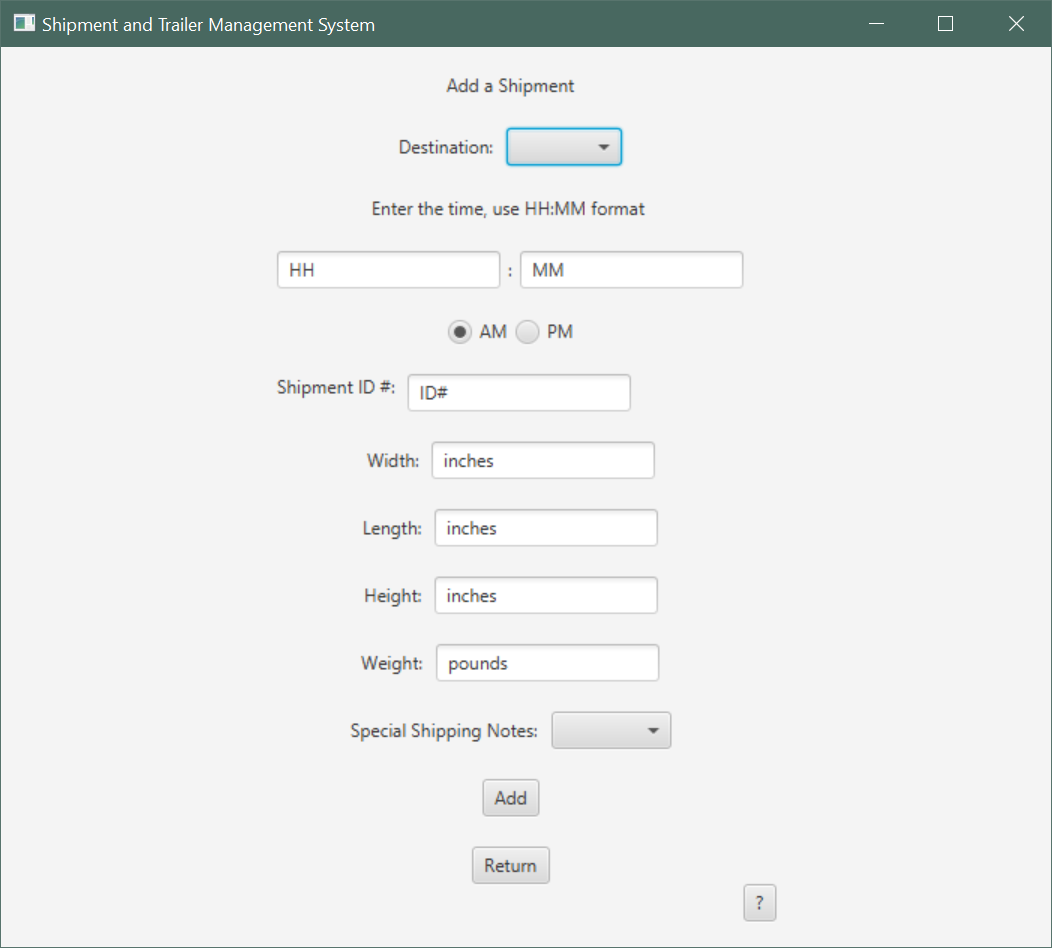 Add Shipment Menu